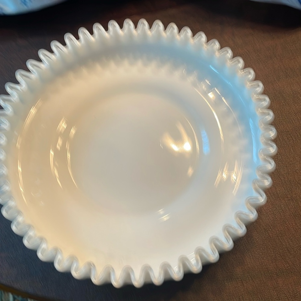Vintage Fenton Milk Glass Crimped Shallow Bowl
